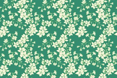 Yeşil arka planda narin çiçekli ve ince saplı kusursuz vektör deseni. Zarif ve yaz veya bahar, tekstil, duvar kağıtları, davetiyeler, ambalaj, dekor için doğa süsü