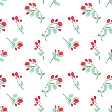 Beyaz arka planda narin böğürtlen dalları olan kusursuz vektör deseni. Kırmızı ve yeşil renkler zarif bir botanik tasarım yaratır, tekstil, duvar kağıtları, ambalaj ve kırtasiye için mükemmeldir.