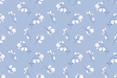 Yumuşak mavi arka planda beyaz yapraklı hassas böğürtlen dalları içeren kusursuz vektör deseni. Minimalist ve zarif, kumaş, duvar kağıdı, kırtasiye, hediye paketi ve dekor için mükemmel..