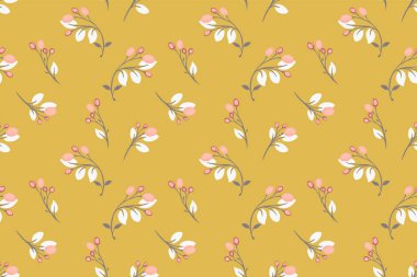 Sarı hardal arkaplanda yaprakları olan hassas böğürtlen dalları içeren kusursuz vektör deseni. Minimalist ve zarif, kumaş, duvar kağıdı, kırtasiye, hediye paketi ve dekor için mükemmel.