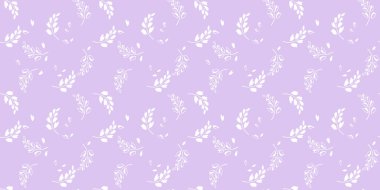 Zarif beyaz botanik dalları ve lavanta, mor, menekşe arkaplan üzerine saçılmış yapraklar içeren zarif, pürüzsüz vektör deseni. Minimalist ve doğa esinlenmiştir.
