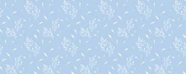 Kusursuz botanik deseni, ince dalları ve yumuşak mavi arka planda küçük yaprakları var. Kumaş, duvar kağıdı, kırtasiye, ambalaj, zarif tasarımlar için sade doğa süsü