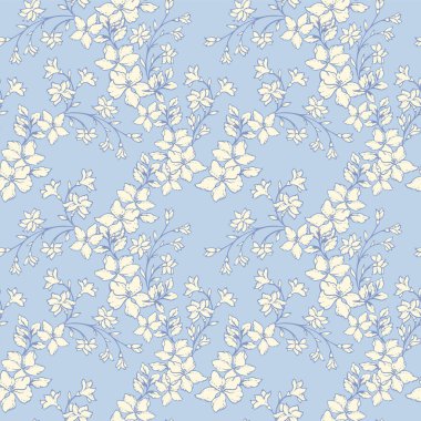 Pastel üzerinde zarif yumuşak çiçekleri olan kusursuz çiçek vektör deseni, açık mavi arkaplan. Eski tarz botanik tasarımı, tekstil, duvar kağıtları, moda, lüks ambalajlar için doğa süsü