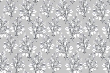 Narin çiçek dalları, yumuşak gri arka planı ve pastel meyveleri olan kusursuz botanik deseni. Zarif ve klasik esinlenilmiş, kumaş, duvar kağıdı, ambalaj, düğün dekorasyonu, tekstil için mükemmel