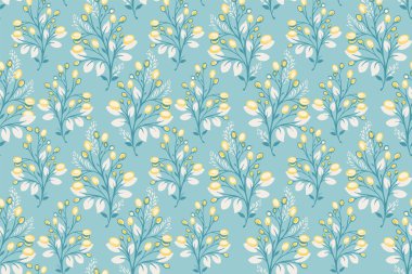Zarif çiçek dalları, parlak mavi arka plan ve sarı böğürtlenli kusursuz botanik deseni. Zarif ve klasik esinlenilmiş, Noel dekorasyonu için mükemmel, bayram tasarımları, kumaş, duvar kağıdı, tekstil