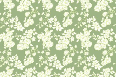 Zarif, pürüzsüz çiçek deseni, narin beyaz çiçek deseni ve yeşil, nane arkaplanda yapraklar. Klasik botanik tasarım, tekstil, duvar kağıtları, kırtasiye, ambalaj için mükemmel.