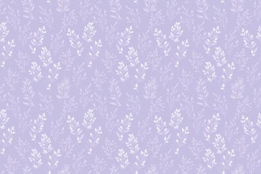 Hassas yapraklı gövdeleri ve pastel mor, mor, lavanta arkaplanda çiçekli elementleri içeren kusursuz vektör deseni. Duvar kağıtları, ambalaj, kırtasiye için modern botanik temalı tasarımlar