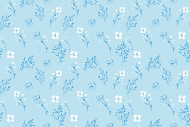 Mavi arka planda narin çiçek dalları olan kusursuz bir vektör deseni. Yumuşak botanik elementleri olan minimalist çiçek tasarımı. Tekstil, duvar kâğıtları, ambalaj kağıtları, markalaşma için mükemmel.