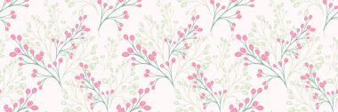 Narin botanik dalları ve yumuşak arkaplanda pembe böğürtlenleri olan kusursuz bir vektör deseni. Zarif ve modern çiçek süsü tasarımı, tekstil, duvar kağıtları, ambalaj, kırtasiye malzemeleri için mükemmel.