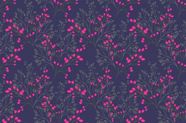 Narin botanik dalları ve mor arkaplanda pembe böğürtlenleri olan kusursuz bir vektör deseni. Zarif ve doğa süsü, tekstil, duvar kâğıtları, ambalaj, kırtasiye tasarımları için mükemmel.