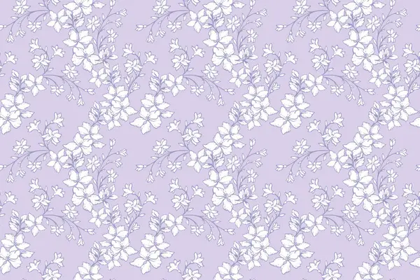 Hassas krem rengi çiçekleri ve yumuşak mavi arka planda ince mavi sapları olan kusursuz bir vektör deseni. Tekstil, duvar kağıdı, davetiye, ambalaj, dekor için zarif ve zamansız..