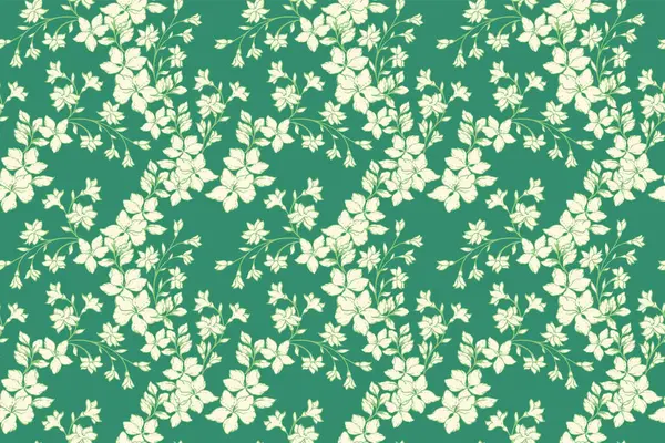 Yeşil arka planda narin çiçekli ve ince saplı kusursuz vektör deseni. Zarif ve yaz veya bahar, tekstil, duvar kağıtları, davetiyeler, ambalaj, dekor için doğa süsü