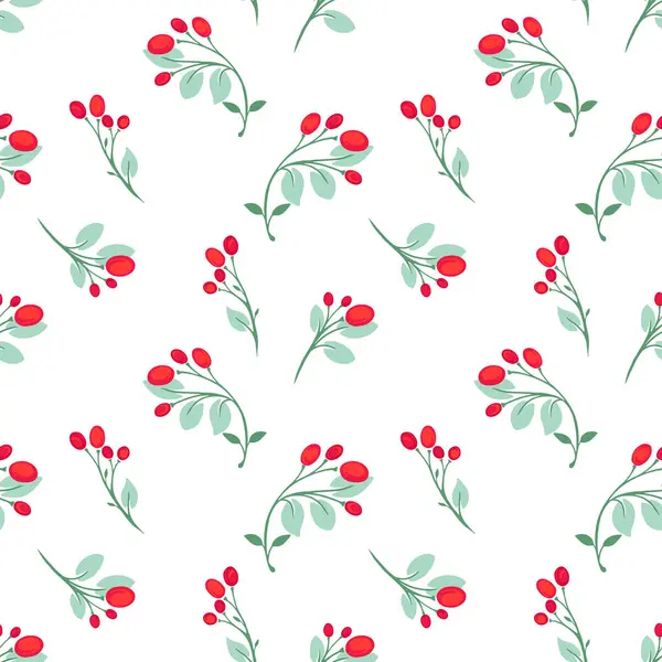 Beyaz arka planda narin böğürtlen dalları olan kusursuz vektör deseni. Kırmızı ve yeşil renkler zarif bir botanik tasarım yaratır, tekstil, duvar kağıtları, ambalaj ve kırtasiye için mükemmeldir.