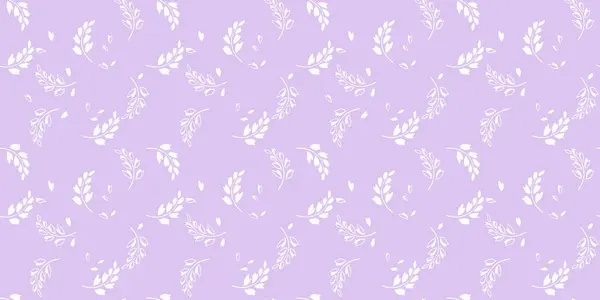 Zarif beyaz botanik dalları ve lavanta, mor, menekşe arkaplan üzerine saçılmış yapraklar içeren zarif, pürüzsüz vektör deseni. Minimalist ve doğa esinlenmiştir.