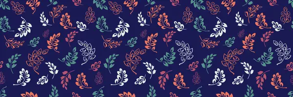 Derin donanma arka planında turuncu, yeşil ve beyaz botanik yapraklar içeren kusursuz vektör deseni. İzler, tekstil, duvar kağıtları, kırtasiye malzemeleri, markalar için zarif bir tasarım süsü.