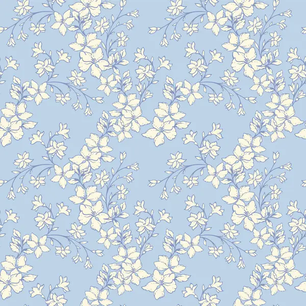 Pastel üzerinde zarif yumuşak çiçekleri olan kusursuz çiçek vektör deseni, açık mavi arkaplan. Eski tarz botanik tasarımı, tekstil, duvar kağıtları, moda, lüks ambalajlar için doğa süsü