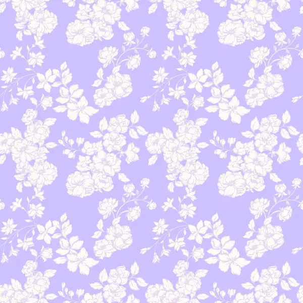 Çiçekleri açan, hassas dalları olan kusursuz klasik çiçek vektör deseni ve menekşe rengi yumuşak yapraklar kumaş, duvar kağıdı, ambalaj, davetiye, tasarımlar için mor arka plan.