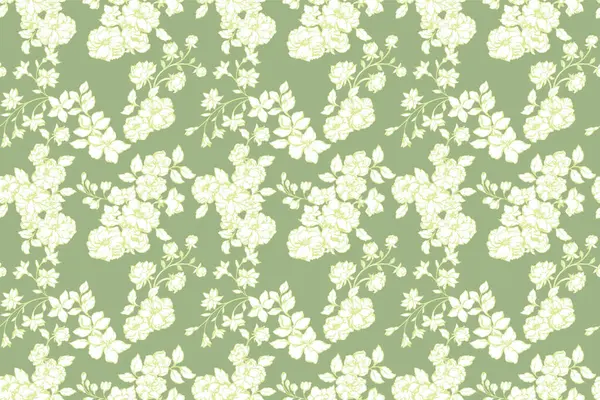 Zarif, pürüzsüz çiçek deseni, narin beyaz çiçek deseni ve yeşil, nane arkaplanda yapraklar. Klasik botanik tasarım, tekstil, duvar kağıtları, kırtasiye, ambalaj için mükemmel.