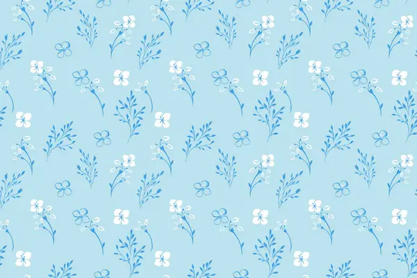 Mavi arka planda narin çiçek dalları olan kusursuz bir vektör deseni. Yumuşak botanik elementleri olan minimalist çiçek tasarımı. Tekstil, duvar kâğıtları, ambalaj kağıtları, markalaşma için mükemmel.