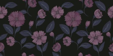 Soyut eşsiz çiçekleri ve büyük yaprakları olan koyu, eşsiz bir desen. Vektör el, büyük bir çiçek izi çizmiş. Tasarımlar için süs, çocuklar için tekstil, defter kapağı