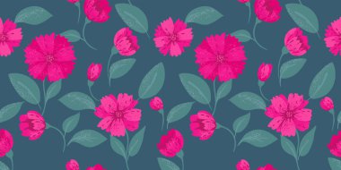 Soyut büyük çiçekler ve turkuaz arka planda dikişsiz yapraklar. Vektör el, eşsiz bir çiçek izi çizdi. Tasarımlar için süs, çocuklar için tekstil, defter kapağı