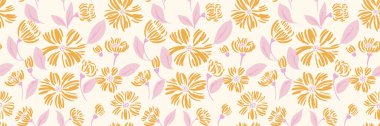 Kusursuz çiçek desenleri, yumuşak ışık arka planında yaprakları olan el çizimi sarı çiçekler. Tekstil ve duvar kağıtları için düz baskı tasarımı, narin, yaz-bahar esinlenilmiş estetik.