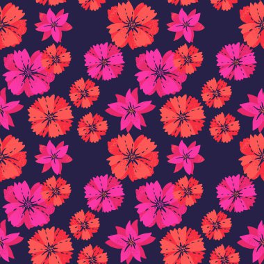 Renkli, egzotik, dikişsiz desenli, büyük çiçekli. Vektör El çizildi. Soyut biçimlendirilmiş çiçek baskısı. Tasarım, kumaş ve tekstil için çağdaş süs