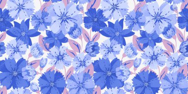 Büyük çiçekleri soyutlar ve kusursuz desenler bırakır. Kocaman mavi bir çayır. Vektör el çizimi, yaratıcı çiçek deseni. Tasarımlar için eşsiz bir süs, çocuklar için tekstil, defter kapağı