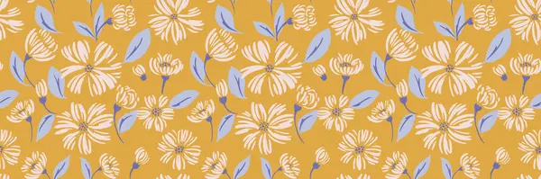 Hardal sarısı arka planda yaprakları olan çiçeksiz çiçek desenli el çizimi. Tekstil ve duvar kağıtları için basit baskı tasarımı, ve narin, bahar-yaz esinlenilmiş estetik ile ambalajlama.