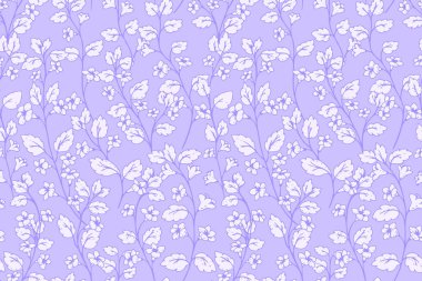 Mor lavanta arka planında narin menekşe çiçekleri bulunan kusursuz vektör deseni. Tasarım zarif ve çok yönlüdür, tekstil, baskı, kırtasiye, ambalaj için uygundur