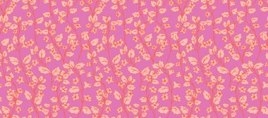 Pembe arka planda elle çizilmiş turuncu çiçek dallarıyla kusursuz vektör deseni. Kumaş, ambalaj, kırtasiye, baskı tasarımları için renkli bir yaz süsü