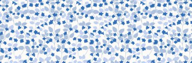 Küçük çiçekli ve beyaz arkaplanda küçük yapraklı mavi, dikişsiz vektör deseni. Cesur ve zarif, moda, kumaş tasarımı, ambalaj, dijital baskı fikirleri