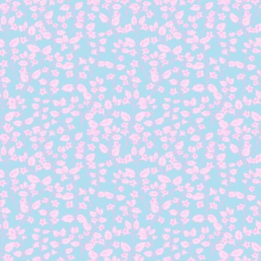 Pembe orman çiçekleri ve mavi arka planda yaprakları olan pürüzsüz vektör deseni. Paketleme, kırtasiye ve botanik temalı yüzey tasarımları, kumaş, duvar kağıdı için doğa süslemesi baskısı