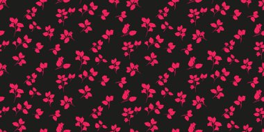 Siyah arka planda küçük kırmızı çiçekleri ve narin sapları olan kusursuz çiçek vektör deseni. Kumaş, duvar kağıdı, ambalaj kağıdı ve ambalaj kağıdı için zarif ve minimalist tasarım