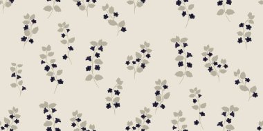 Çiçek saplı ve açık bej arkaplanda yapraklı en az pürüzsüz vektör deseni. Moda, baskı, kırtasiye ve dijital projeler için zarif, modern ve cesur tasarım.
