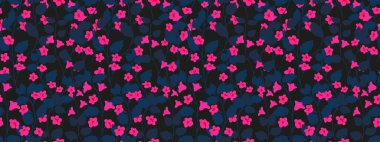 Pembe çiçekleri ve siyah arka planda gür yaprakları olan parlak, pürüzsüz bir desen. Vektör çizimi. Yaz tekstil ürünleri, ambalaj kağıtları, dijital baskılar için zarif tasarım
