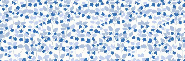 Küçük çiçekli ve beyaz arkaplanda küçük yapraklı mavi, dikişsiz vektör deseni. Cesur ve zarif, moda, kumaş tasarımı, ambalaj, dijital baskı fikirleri