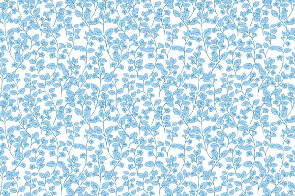 Beyaz arka planda mavi çiçek dallarının kusursuz vektör deseni. Tekstil, duvar kağıtları, ambalaj ve botanik temalı projeler için zarif ve romantik tasarım ideali
