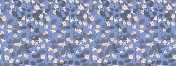 Kusursuz desenli, küçük çiçekli ve mavi arka planda yemyeşil yapraklı. Vektör çizimi. Doğa süsü, yaz veya bahar tekstil tasarımı, ambalaj kağıdı, dijital baskılar