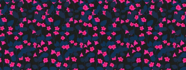 Pembe çiçekleri ve siyah arka planda gür yaprakları olan parlak, pürüzsüz bir desen. Vektör çizimi. Yaz tekstil ürünleri, ambalaj kağıtları, dijital baskılar için zarif tasarım