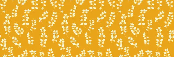 Narin kır çiçeği saplı kusursuz vektör deseni ve sarı arka planda yapraklar. Süs, kumaş, duvar kağıdı, kırtasiye ve yüzey tasarımı için ideal