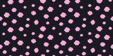 Playful seamless pattern with pink cloud shapes scattered on a black background. Plain minimalist print for children's designs, bold wallpapers, stationery, and cheerful creative projects.