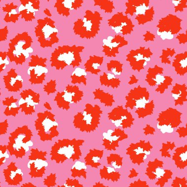 Pembe arka planda turuncu noktalarda leopar esinlenilmiş renkli leopar deseni. Vektör soyut tasarım hayvan baskısı. Moda, tekstil, duvar kağıtları için mükemmel, cesur ve modaya uygun bir görünüm sunuyor.