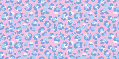 Yumuşak pembe arka planda mavi lekeleri olan leopar esinlenilmiş kusursuz desen. Tekstil, moda, duvar kağıtları ve cesur, vahşi estetik gerektiren yaratıcı projeler için son moda hayvan baskısı titreşimleri..