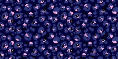 Kalın leopar desenli, donanma arka planında mavi lekeler var. Moda, tekstil, duvar kağıtları ve şık bir hayvan baskısı ile grafik tasarım projeleri için mükemmel..