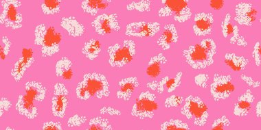 Pembe arka planda soyut noktalar içeren renkli, dinamik, pürüzsüz desenler. Minimalist hayvandan esinlenilmiş düz baskı. Moda tekstili, modern dekor, yaratıcı marka tasarımları için mükemmel bir süs.