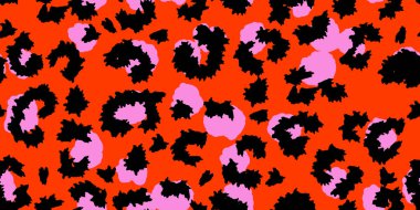 Kırmızı arka planda siyah ve pembe lekeleri olan cesur, dikişsiz leopar deseni. Modern moda beyan tasarımları dijital kağıt, çocuk kıyafetleri, moda tekstil