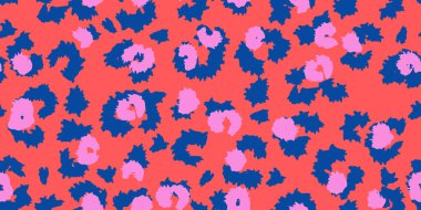 Kusursuz soyut leopar desenli kalın mercan arka planı ve oynak mavi ve pembe noktaları var. Moda, tekstil, ambalaj ve modern markalaşma projeleri için mükemmel bir moda vektör tasarımı