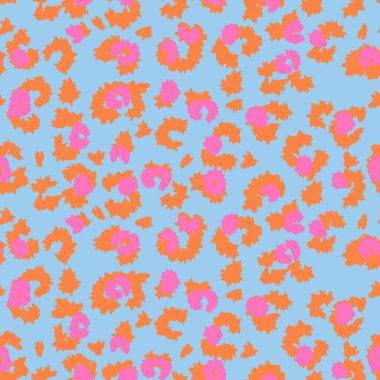 Gökyüzü mavisi arkaplanı, parlak turuncu çizgileri ve pembe aksanlı modaya uygun leopar deseni. Moda için mükemmel, çocuklar giyer, kırtasiye malzemesi, ve eğlenceli markalaşma projeleri.