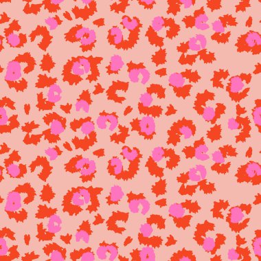 Bej arka planı, canlı kırmızı çizgileri ve pembe aksanlı modaya uygun leopar desenli vektör deseni. Moda için mükemmel, çocuklar giyer, kırtasiye malzemesi, ve eğlenceli markalaşma projeleri.